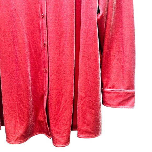 Soft Surroundings, Bright Coral BOYFRIEND Velour Long Sleeve Button Down Top - Picture 3 of 8